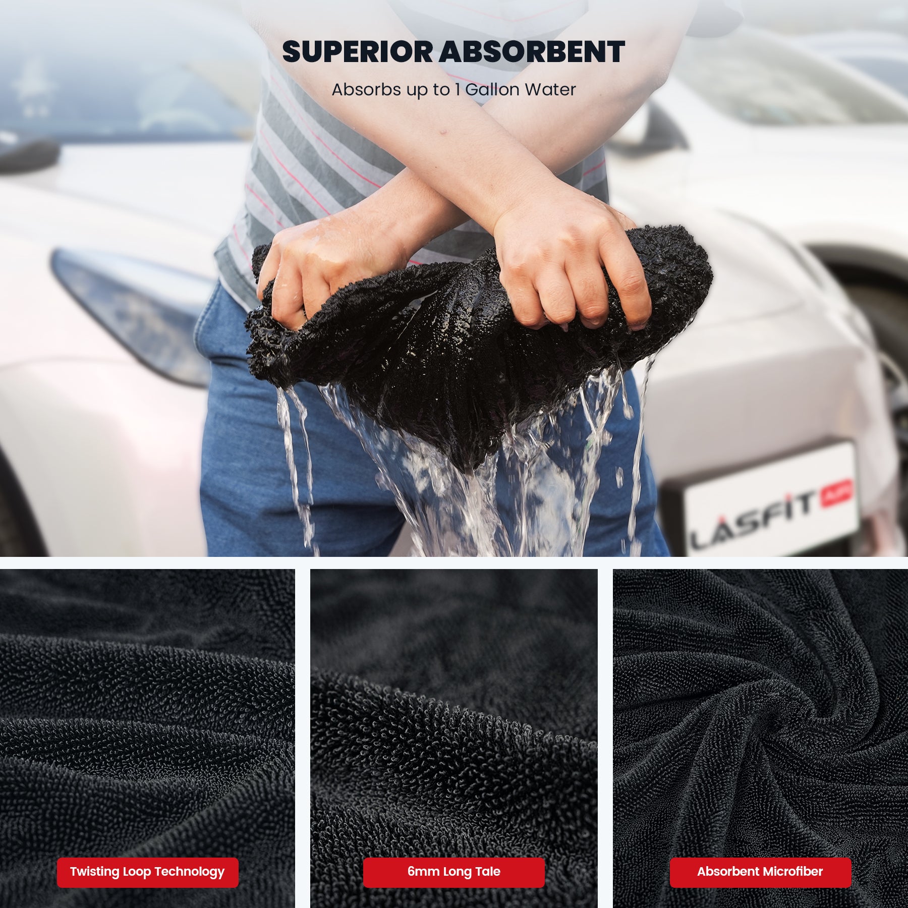 LASFIT AIR Car Drying Towel for Car Detailing Streak Free, XL 1300 GSM Premium Ultra Soft Microfiber, Twisted-Loop Microfiber Towels