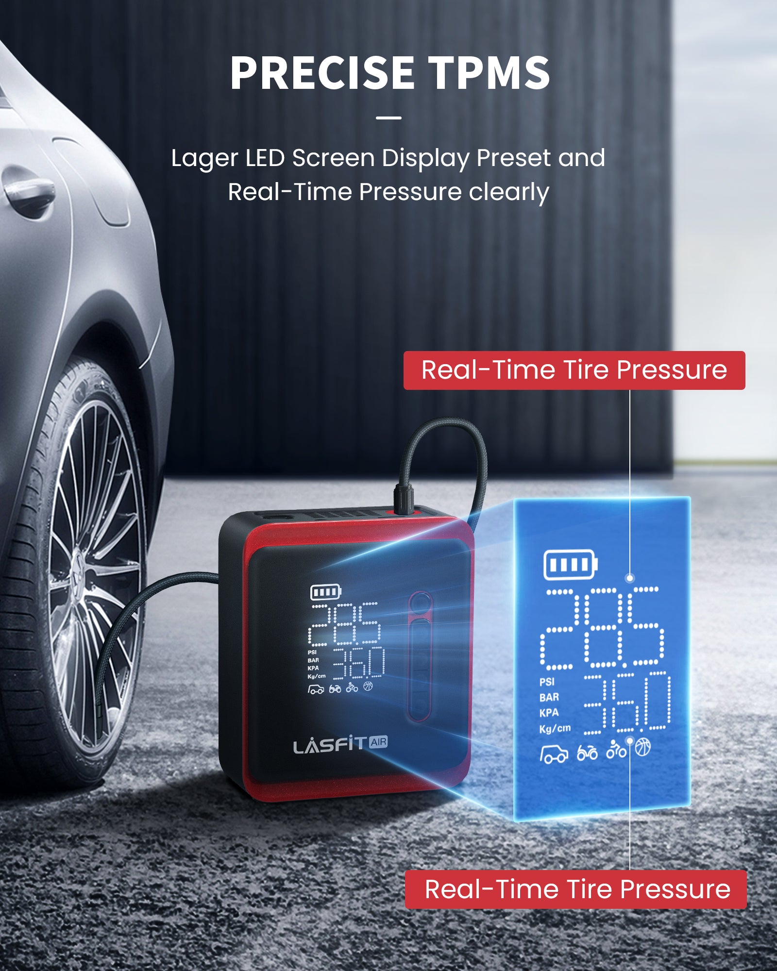 LASFIT AIR CR1 Tire Inflator, Portable Air Compressor Pump for Cars, w/Digital Pressure Gauge, Smart Auto Stop, , 150PSI