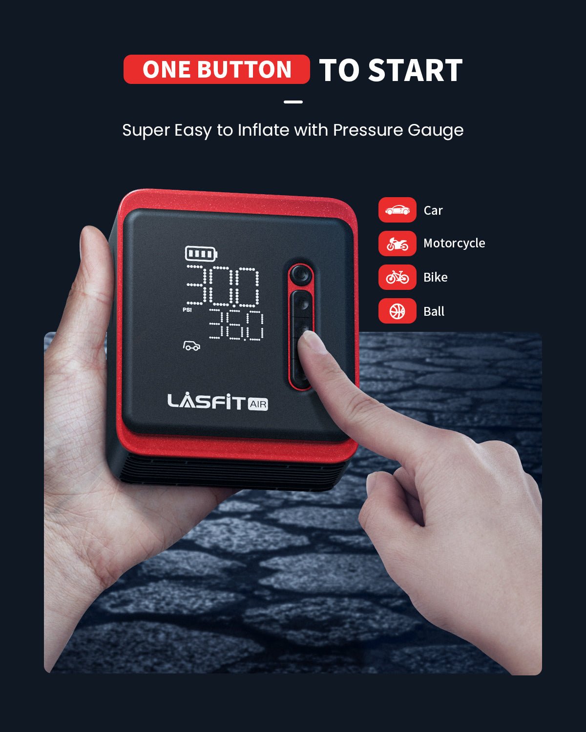 LASFIT AIR CR1 Tire Inflator, Portable Air Compressor Pump for Cars, w/Digital Pressure Gauge, Smart Auto Stop, , 150PSI