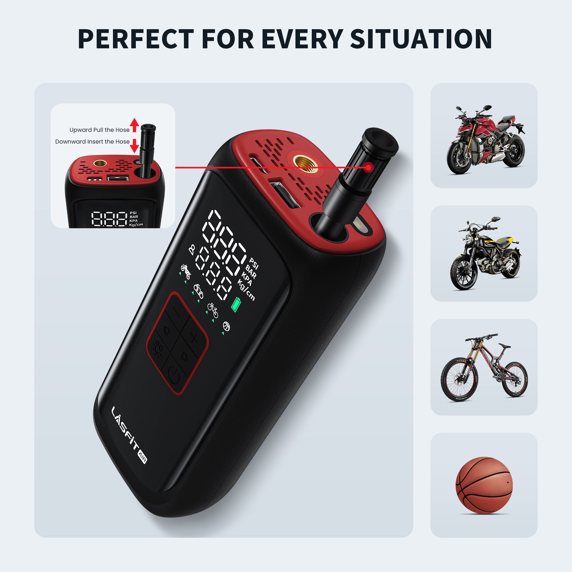 LASFIT AIR BM1 Bike Pump, Portable Cordless Tire Inflator Air Pump for Bike, E-Bike, Motorcycle, Digital Pressure Gauge, Auto Stop, 150PSI