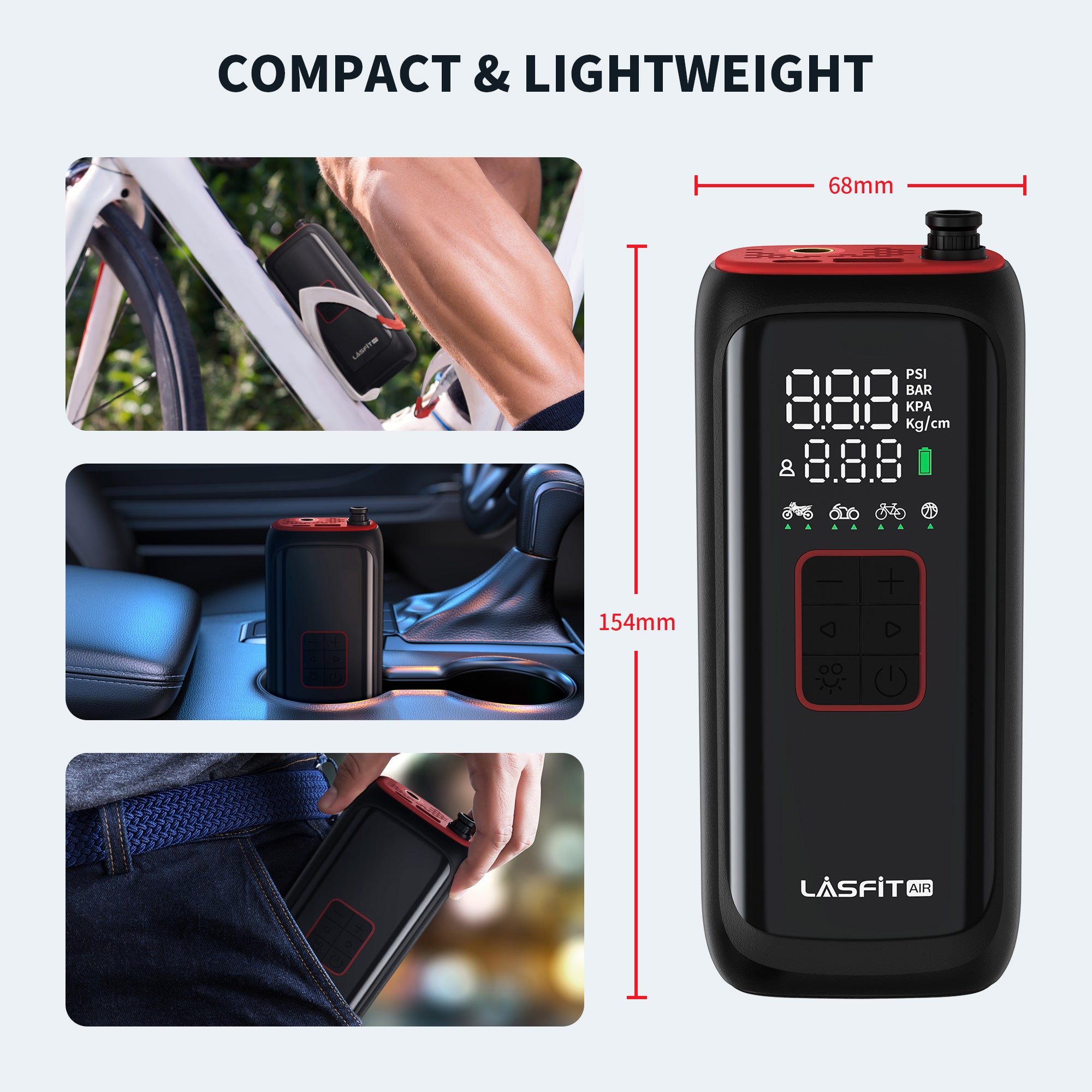 LASFIT AIR BM1 Bike Pump, Portable Cordless Tire Inflator Air Pump for Bike, E-Bike, Motorcycle, Digital Pressure Gauge, Auto Stop, 150PSI