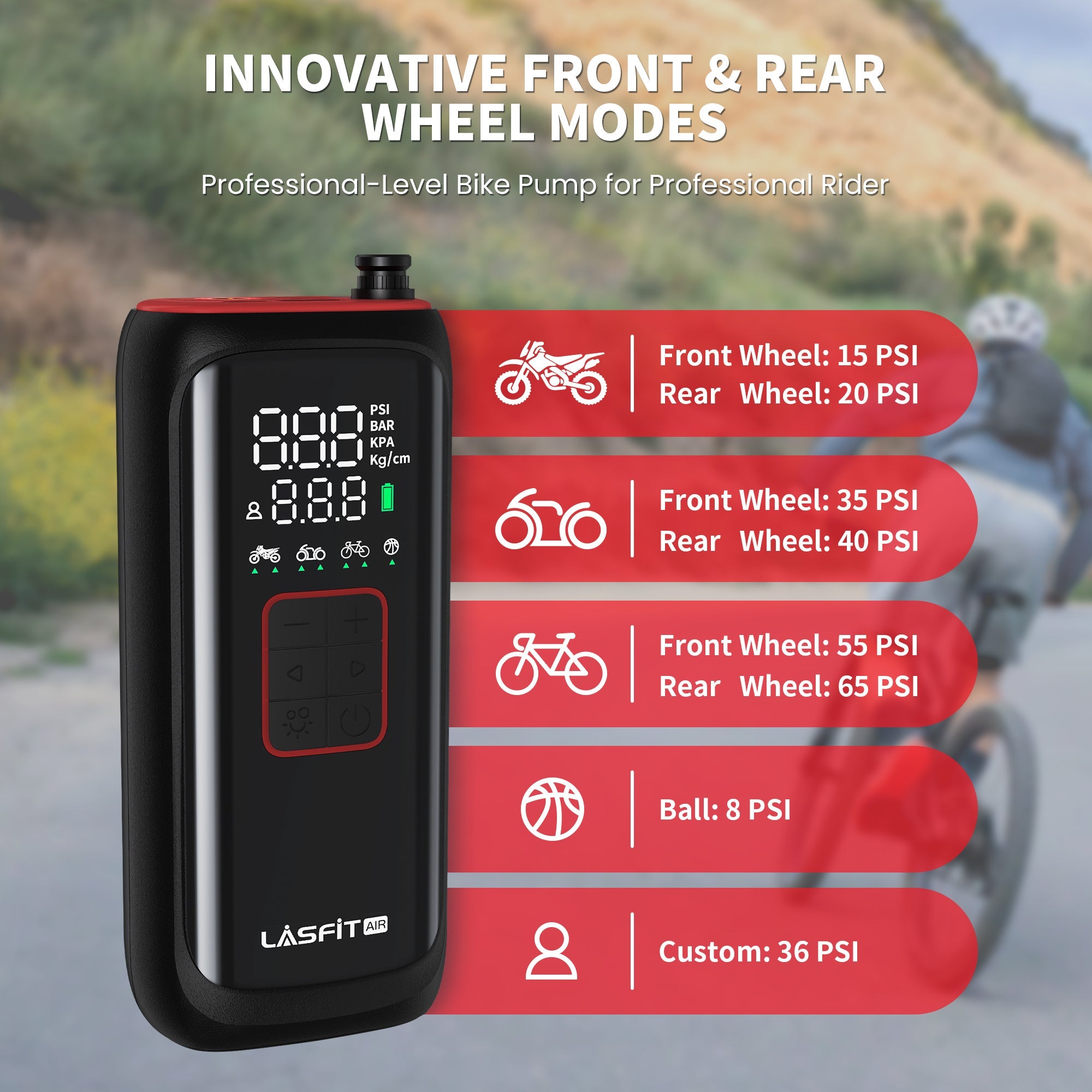 LASFIT AIR BM1 Bike Pump, Portable Cordless Tire Inflator Air Pump for Bike, E-Bike, Motorcycle, Digital Pressure Gauge, Auto Stop, 150PSI