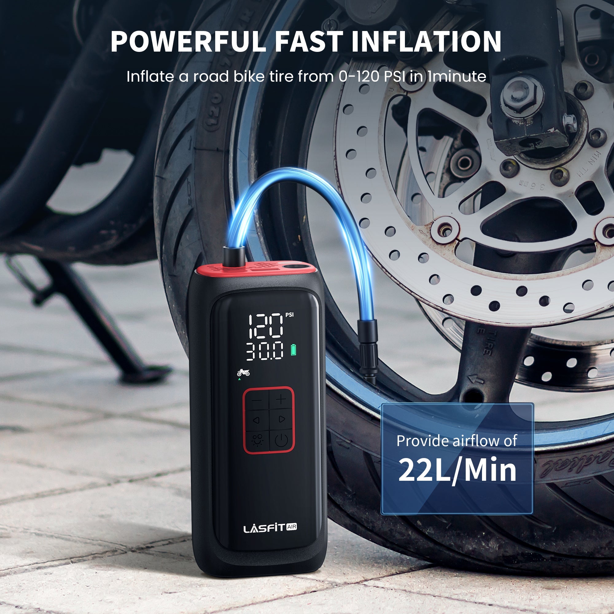 LASFIT AIR BM1 Bike Pump, Portable Cordless Tire Inflator Air Pump for Bike, E-Bike, Motorcycle, Digital Pressure Gauge, Auto Stop, 150PSI