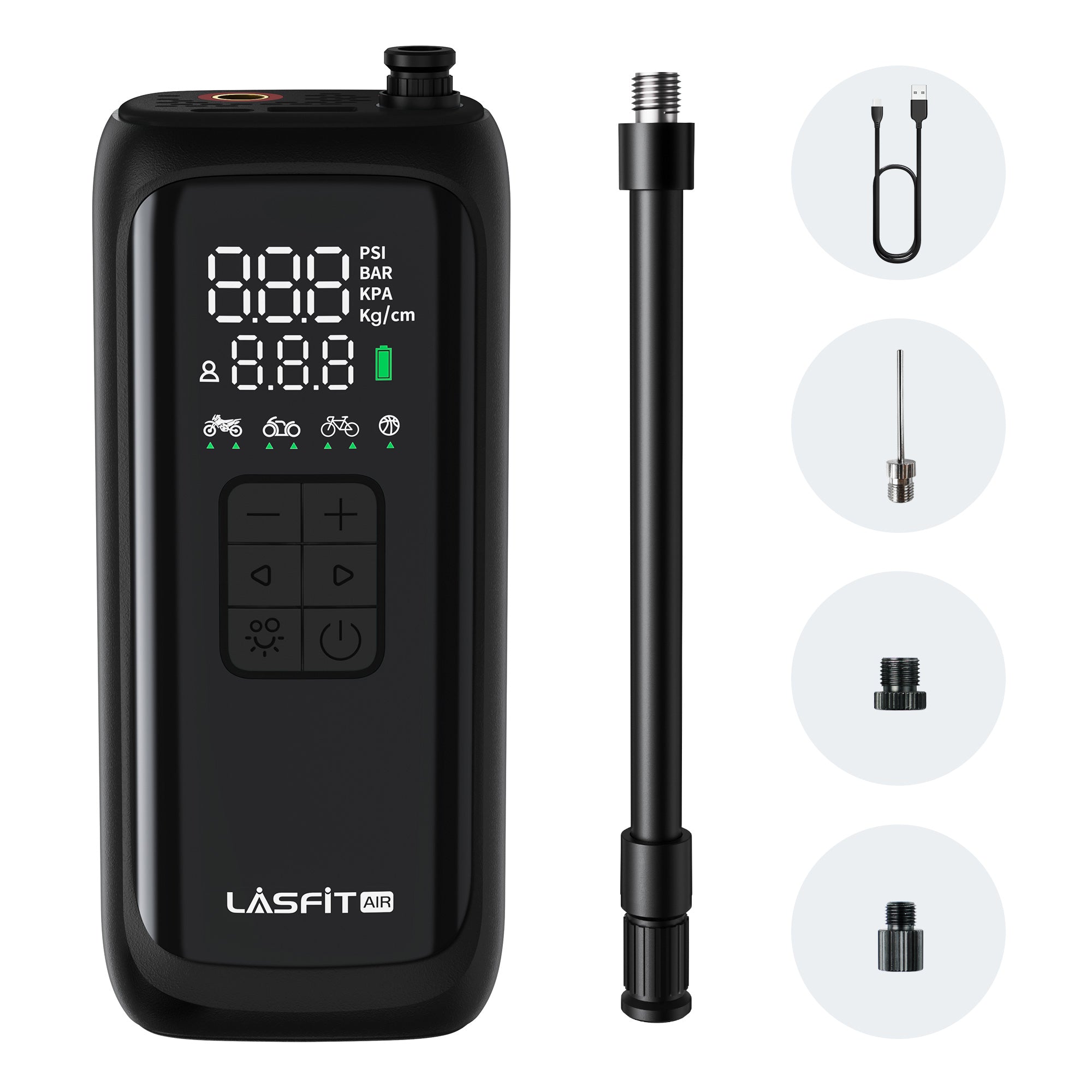 LASFIT AIR BM1 Bike Pump, Portable Cordless Tire Inflator Air Pump for Bike, E-Bike, Motorcycle, Digital Pressure Gauge, Auto Stop, 150PSI