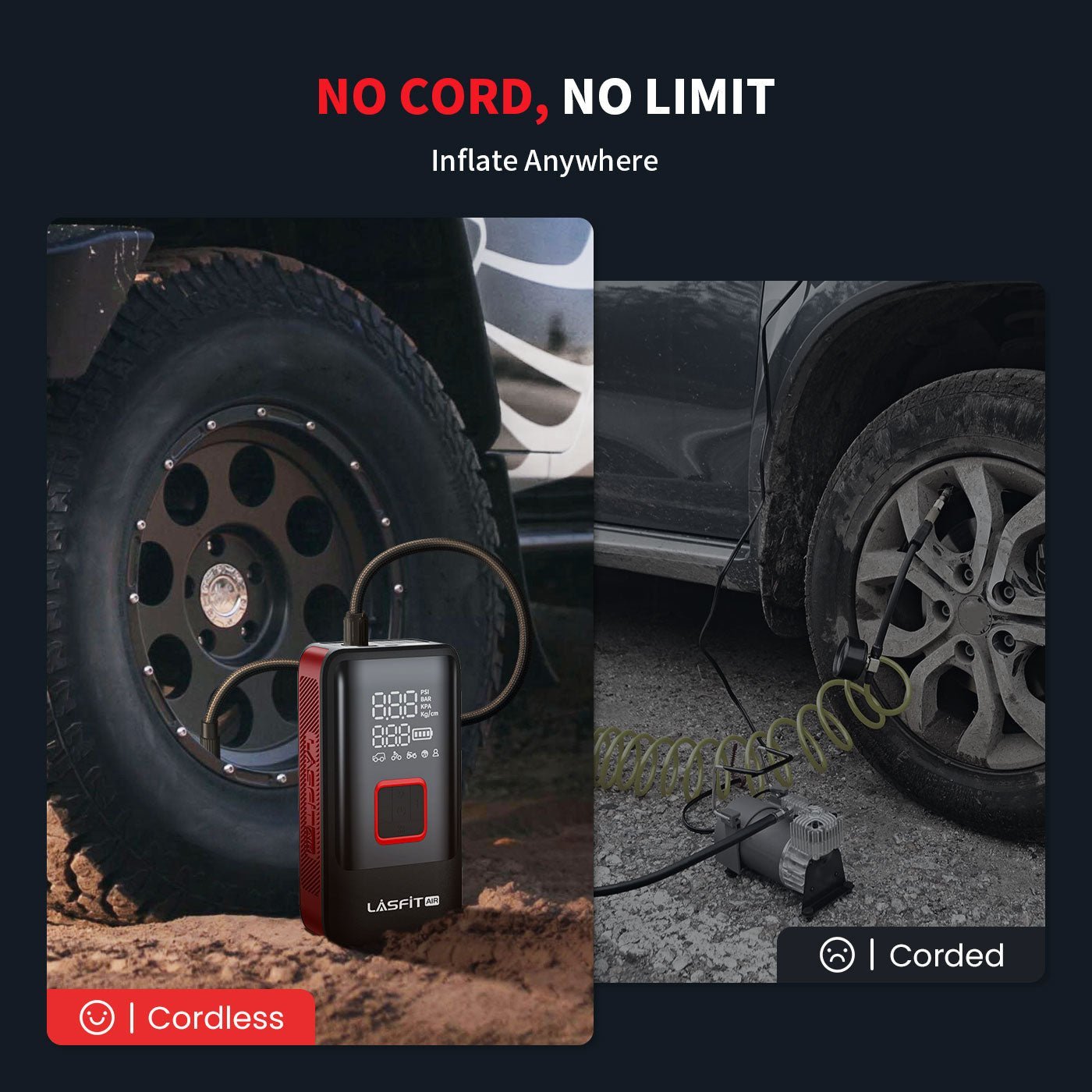 LASFIT AIR AirMaster Smart Dual-Pump Tire Inflator, Portable and Powerful Car Air Compressor with Dual Cylinder Tech