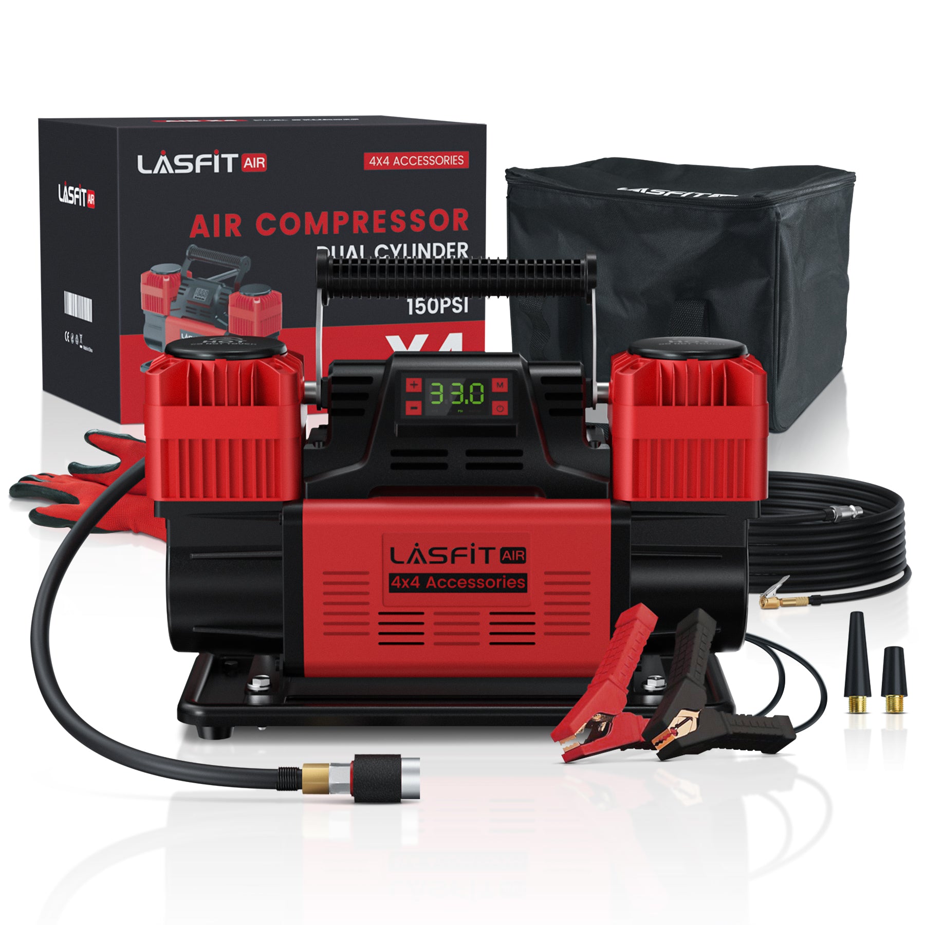 LASFIT X4 Off Roading Air Compressor, Dual Cylinder 12V Heavy-Duty Tire Inflator for 4x4 Vehicle, 150 PSI Air Pump w/Digital Pressure Gauge, Smart Auto Stop, 12.35CFM