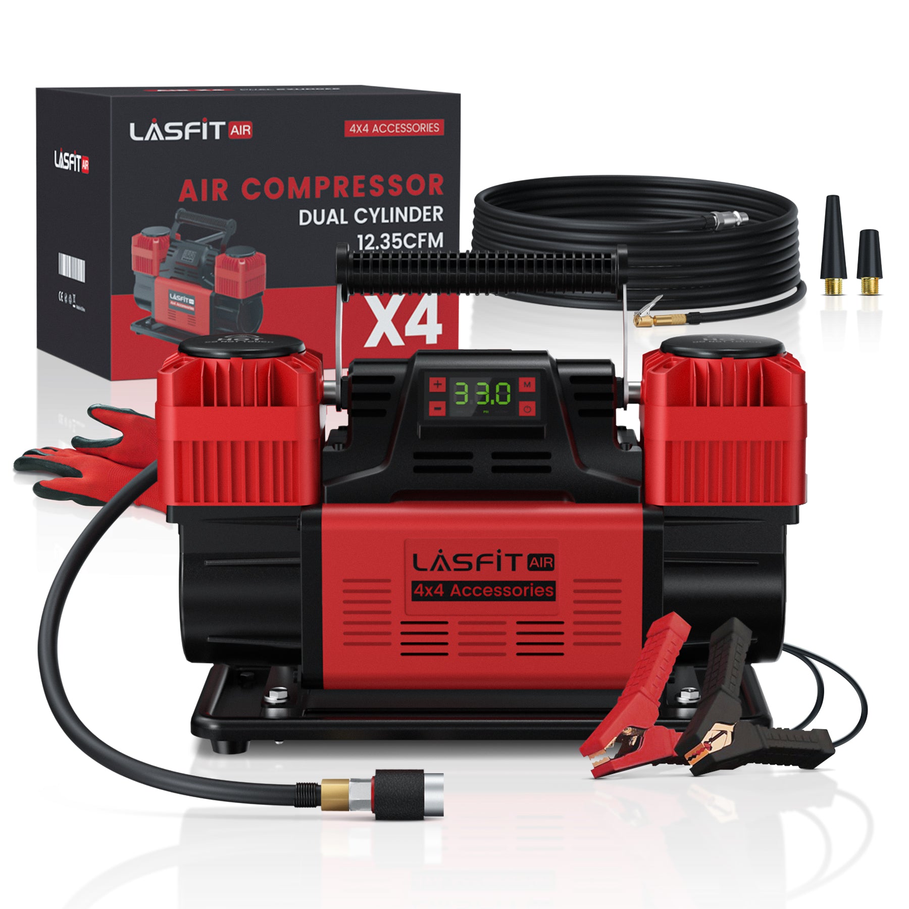 LASFIT X4 Off Roading Air Compressor, Dual Cylinder 12V Heavy-Duty Tire Inflator for 4x4 Vehicle, 150 PSI Air Pump w/Digital Pressure Gauge, Smart Auto Stop, 12.35CFM