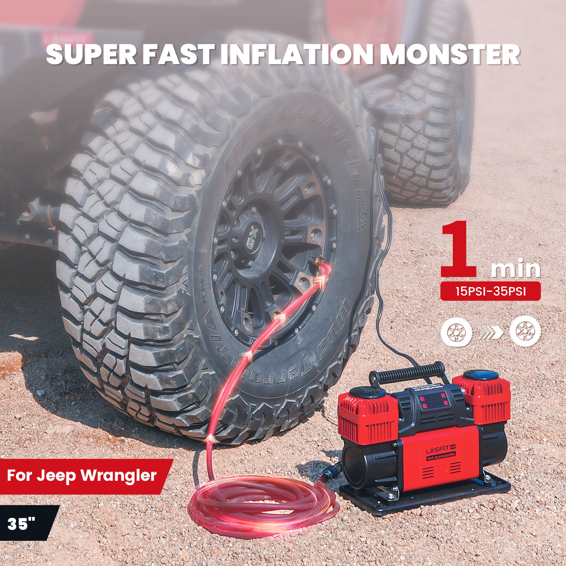 LASFIT X4 Off Roading Air Compressor, Dual Cylinder 12V Heavy-Duty Tire Inflator for 4x4 Vehicle, 150 PSI Air Pump w/Digital Pressure Gauge, Smart Auto Stop, 12.35CFM