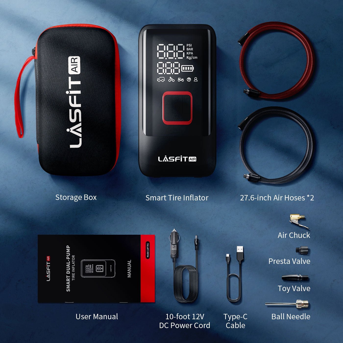 LASFIT AIR AirMaster Smart Dual-Pump Tire Inflator, Portable and Powerful Car Air Compressor with Dual Cylinder Tech